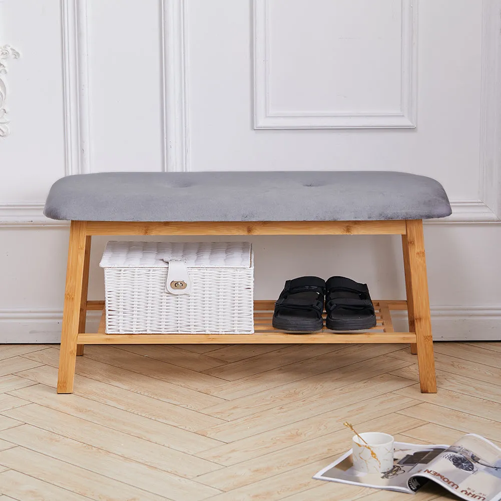 2 Tier Shoe Bench Bamboo with Shoe Storage Rack