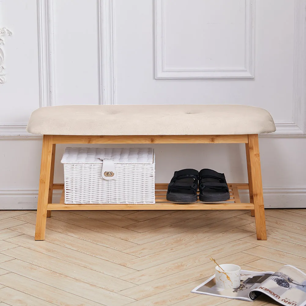 2 Tier Shoe Bench Bamboo with Shoe Storage Rack