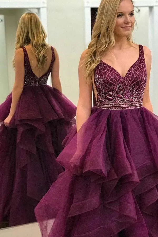 A-Line Deep V-Neck Burgundy Tulle Beaded Prom Dress with Ruffles PG881