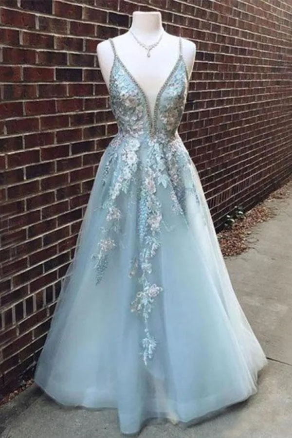 A Line Spaghetti Straps Light Blue Prom Dress With Beading Appliques PSK076