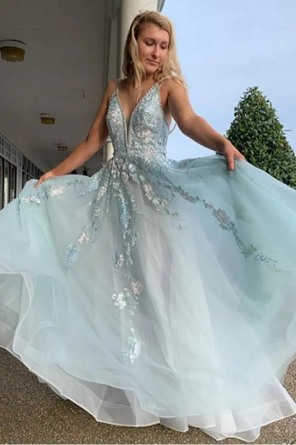 A Line Spaghetti Straps Light Blue Prom Dress With Beading Appliques PSK076