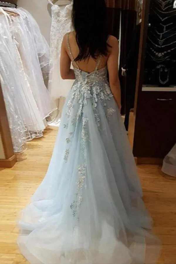 A Line Spaghetti Straps Light Blue Prom Dress With Beading Appliques PSK076