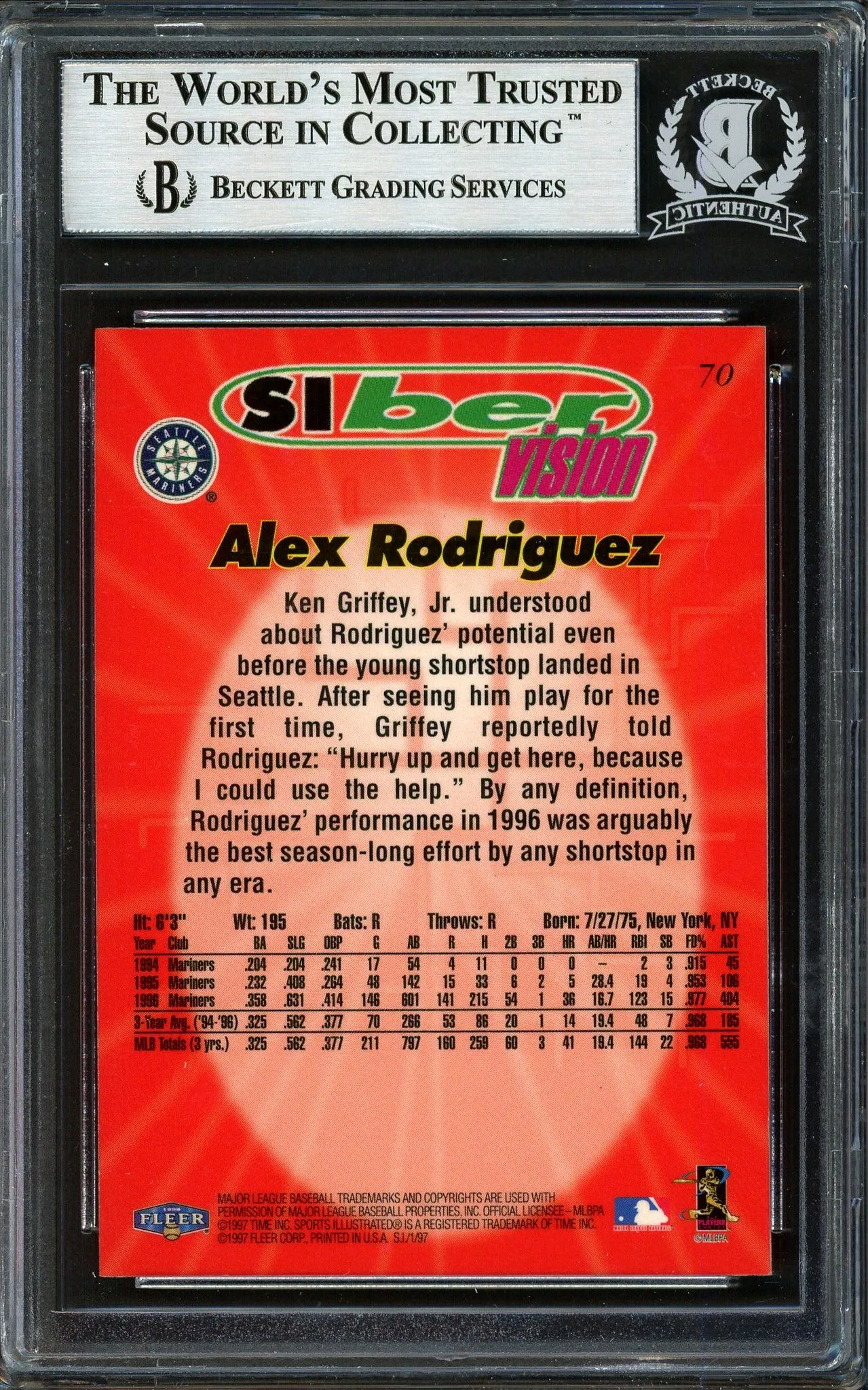 Alex Rodriguez Autographed 1997 Fleer Sports Illustrated Card #70 Seattle Mariners Beckett BAS #12410213