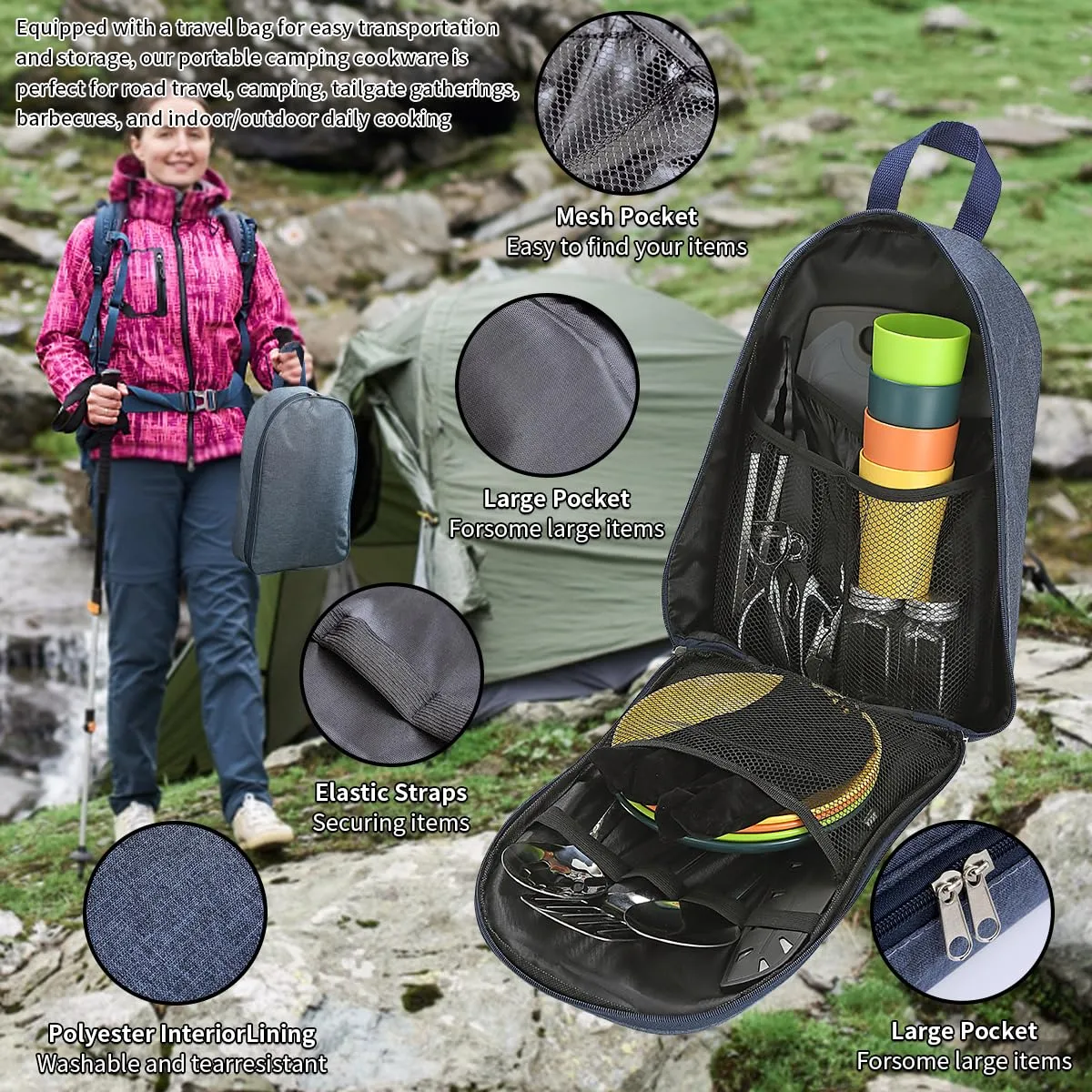 Berglander Camping Essentials, Camping Cooking Utensils Set, Camping Accessories Gear Must Haves, Come with Camping Silverware Sets, Plates and Cups, Great for Outdoor Stove, Picnic, BBQ