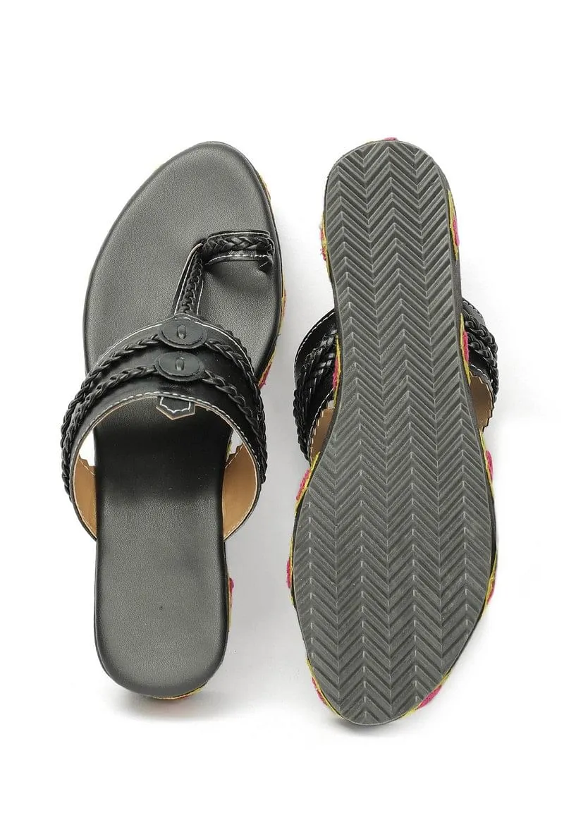 Black Yellow Kutch Work Cruelty Free Leather Wedges