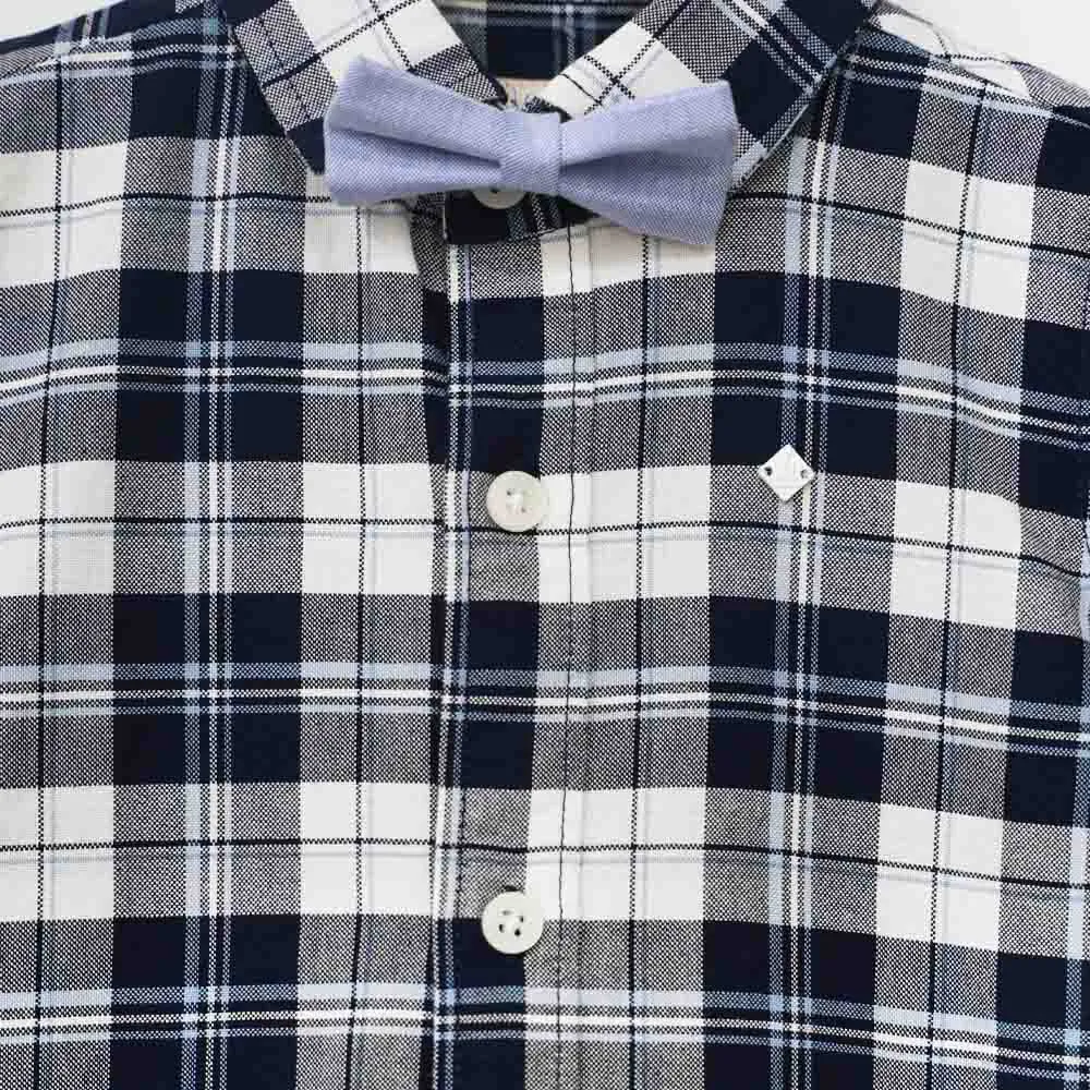 Blue Plaid Checked Full Sleeves Shirt With Bow Tie