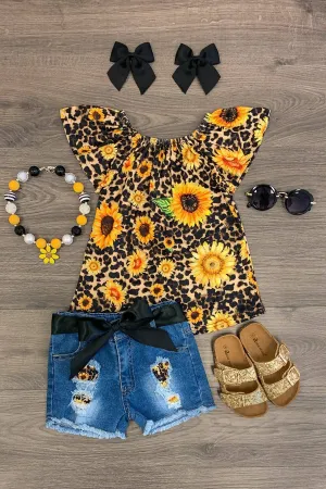 Cheetah Sunflower Denim Short Set