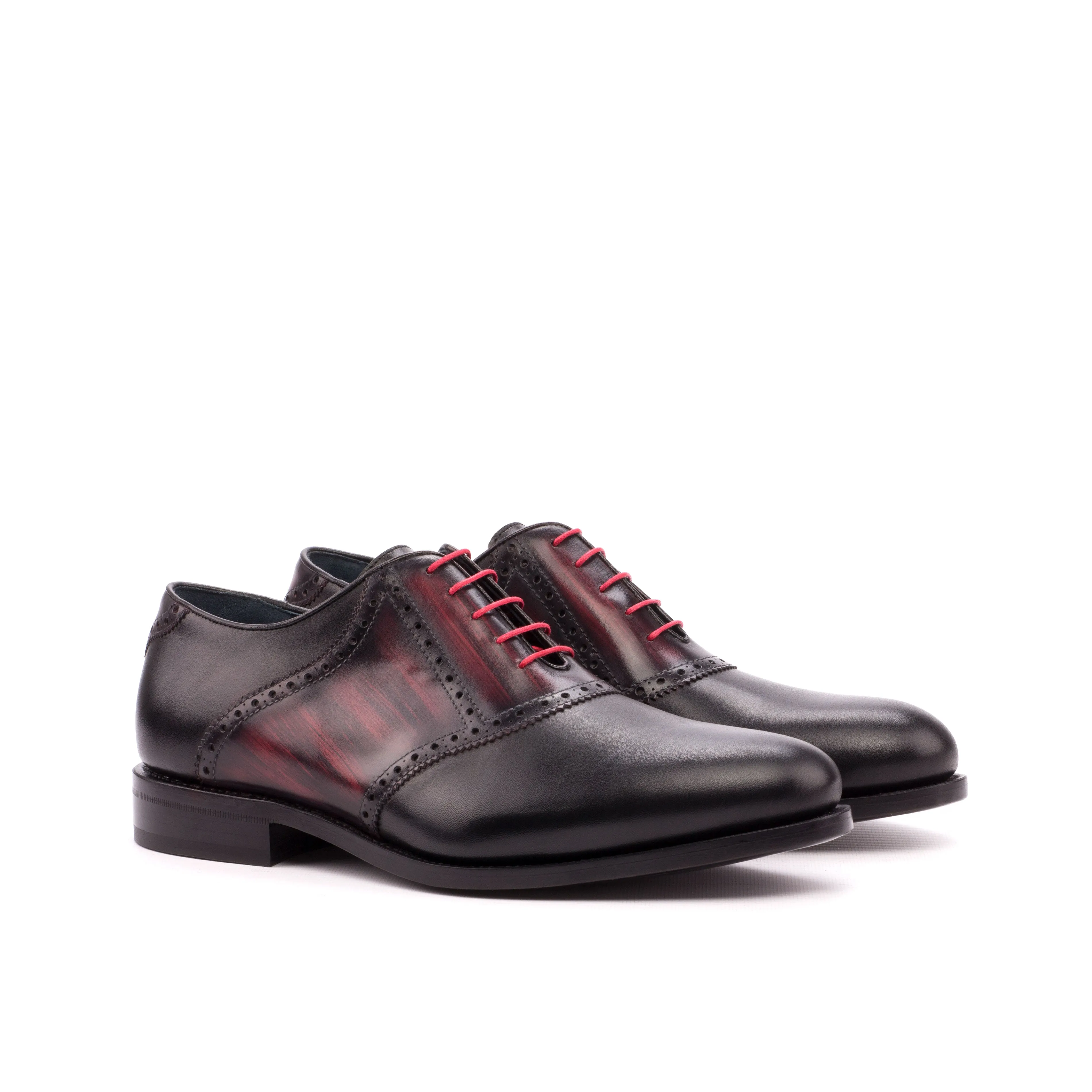 DapperFam Fabrizio in Black / Burgundy Men's Italian Leather & Hand-Painted Patina Saddle