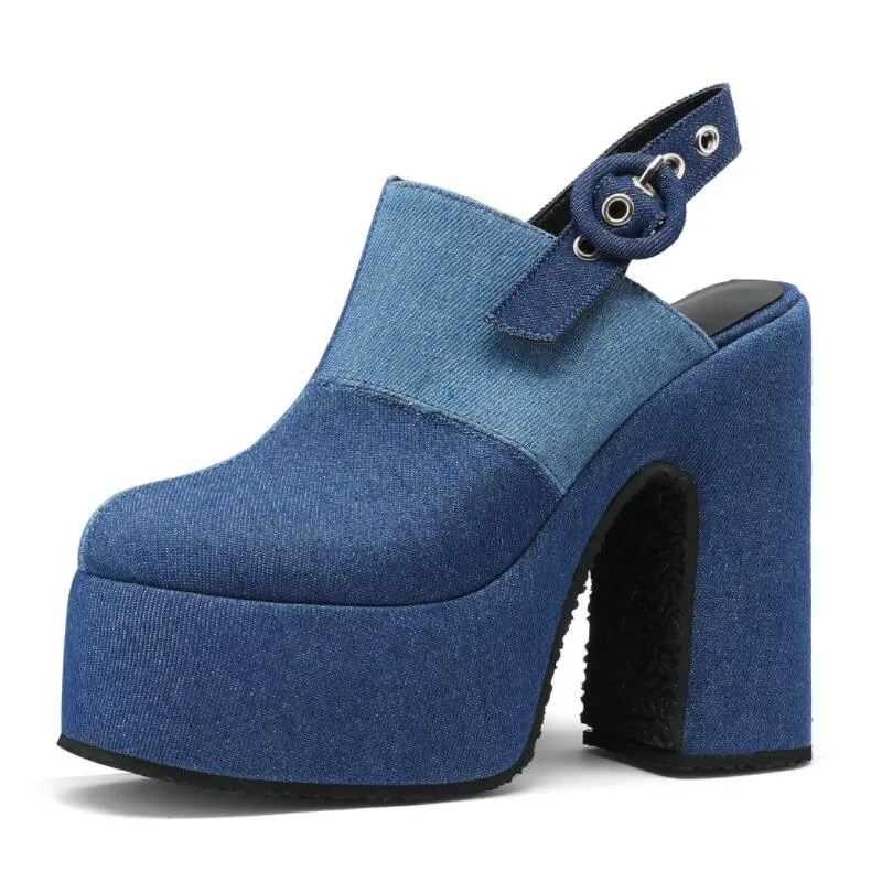 Denim Splice Patchwork High Heel Platform Mules