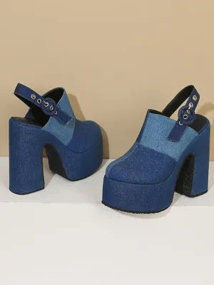 Denim Splice Patchwork High Heel Platform Mules