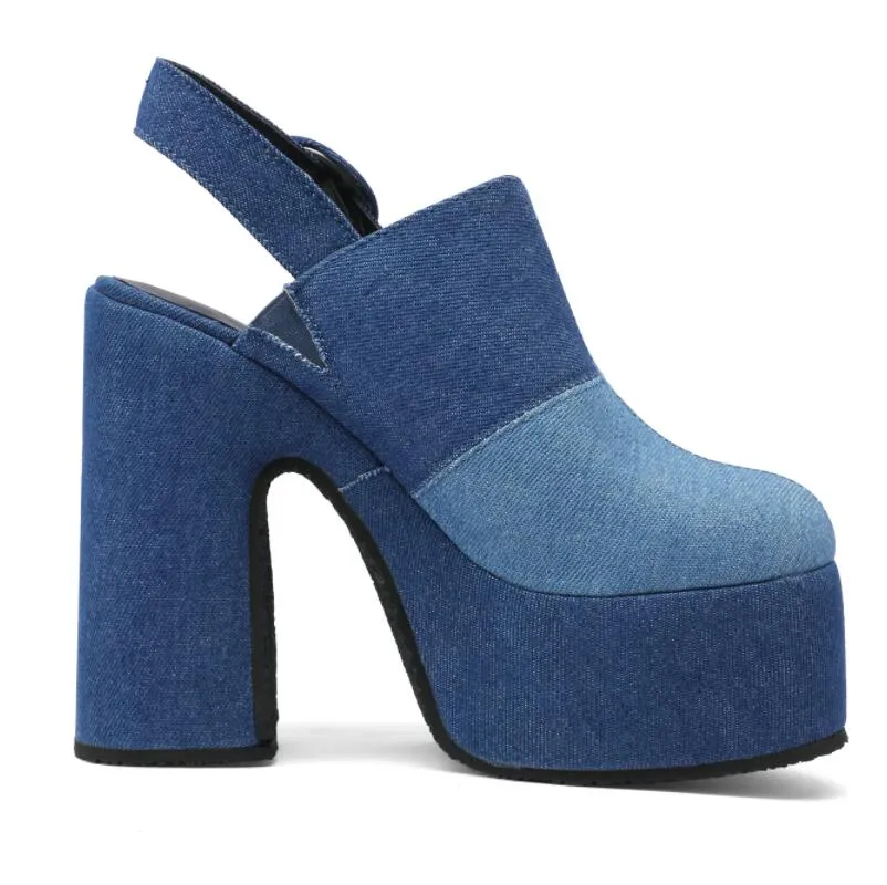 Denim Splice Patchwork High Heel Platform Mules