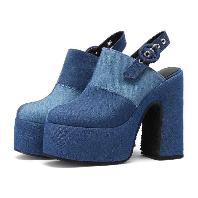 Denim Splice Patchwork High Heel Platform Mules