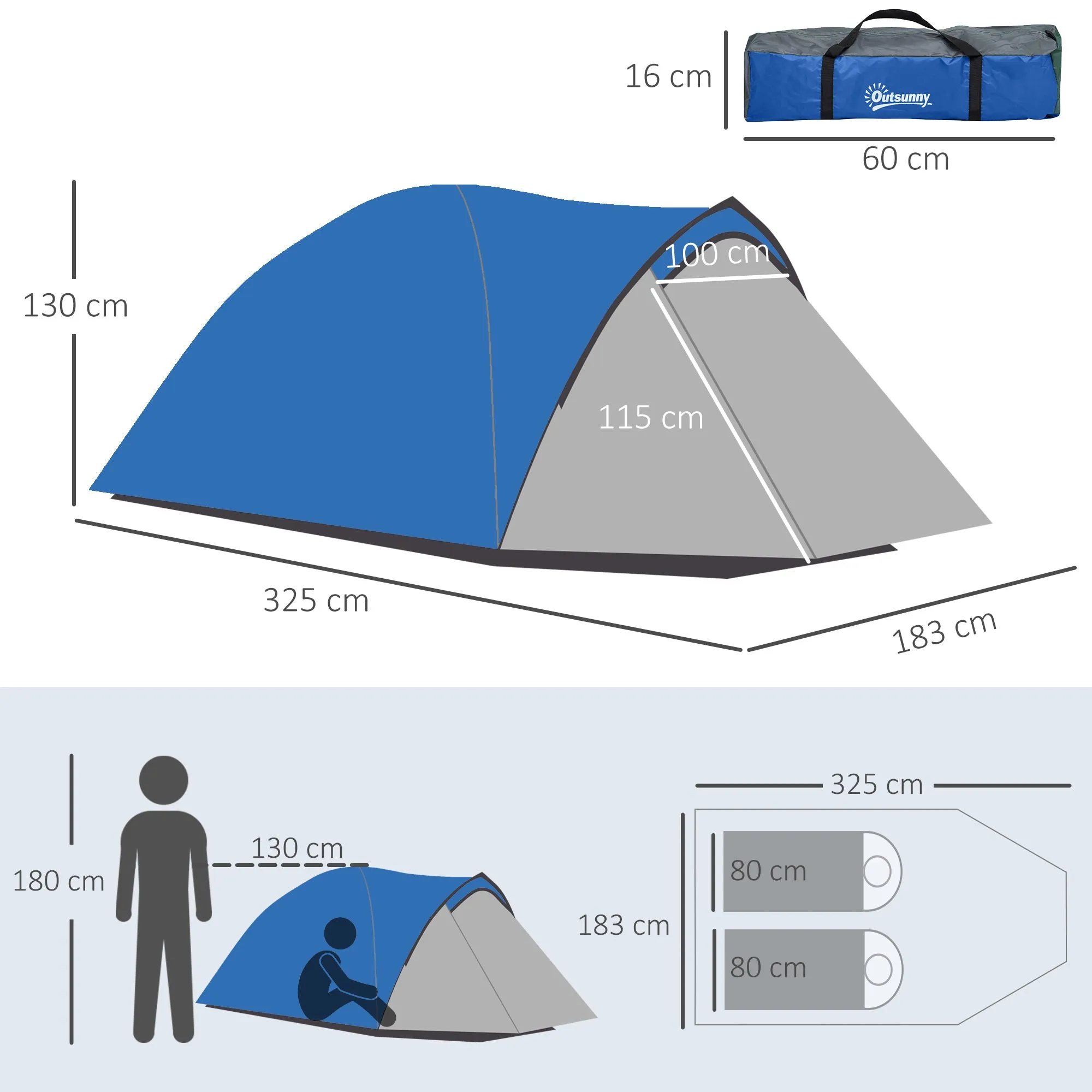 Dome Tent for 2 Person Camping Tent with Large Windows, Waterproof Blue and Grey