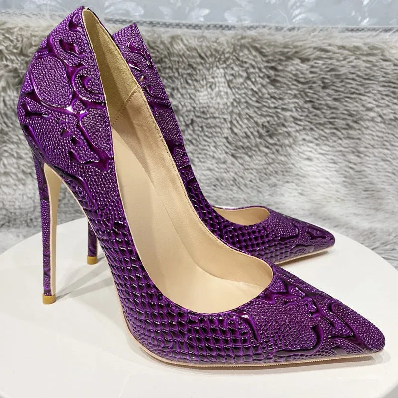 Embossed Crocodile Effect Pointy Toe Stiletto Pumps