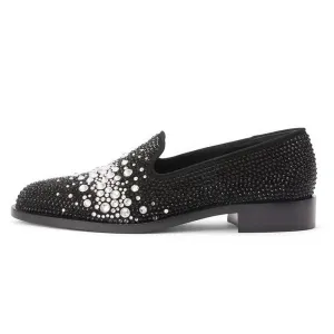 Full Rhinestone Black Genuine Leather Loafers