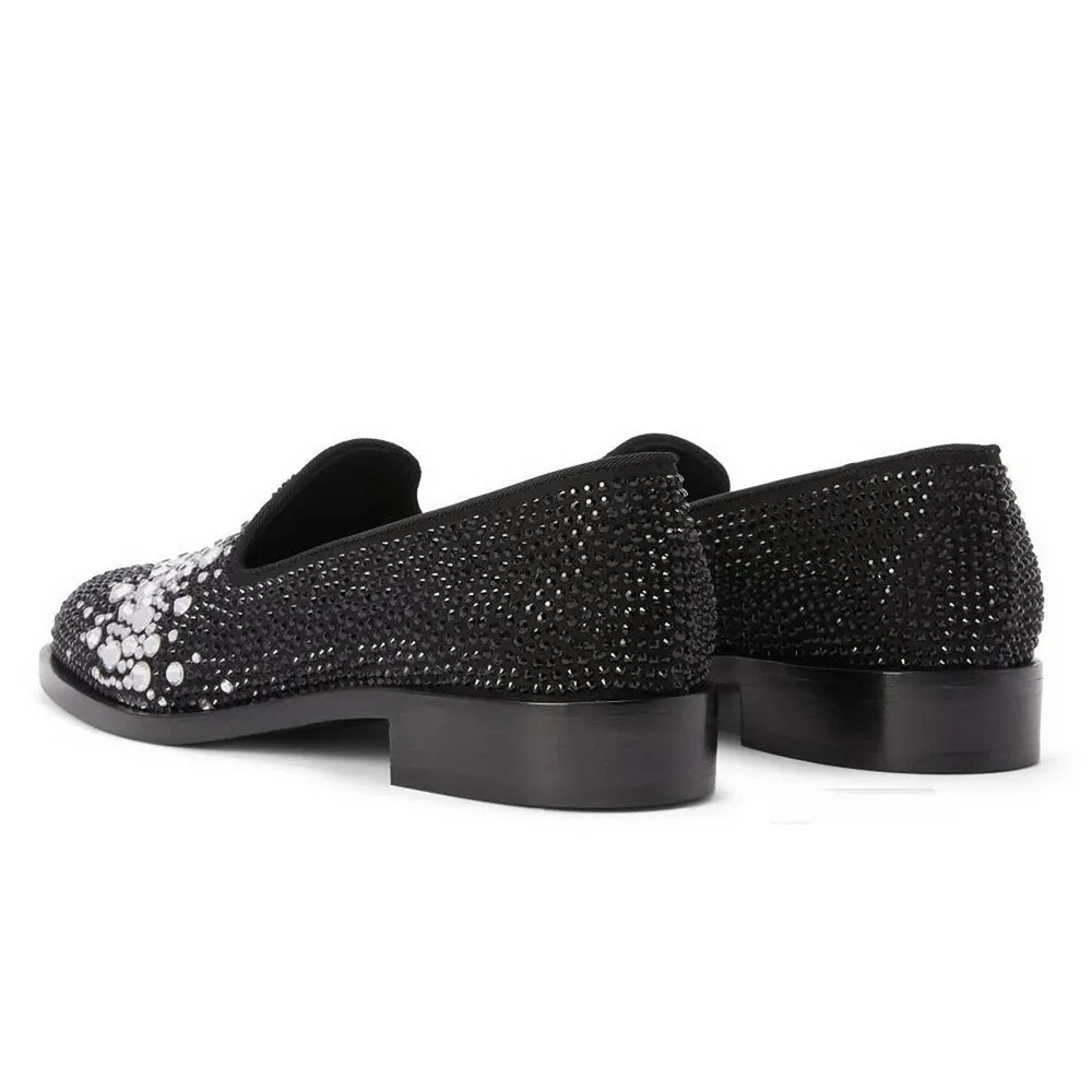 Full Rhinestone Black Genuine Leather Loafers