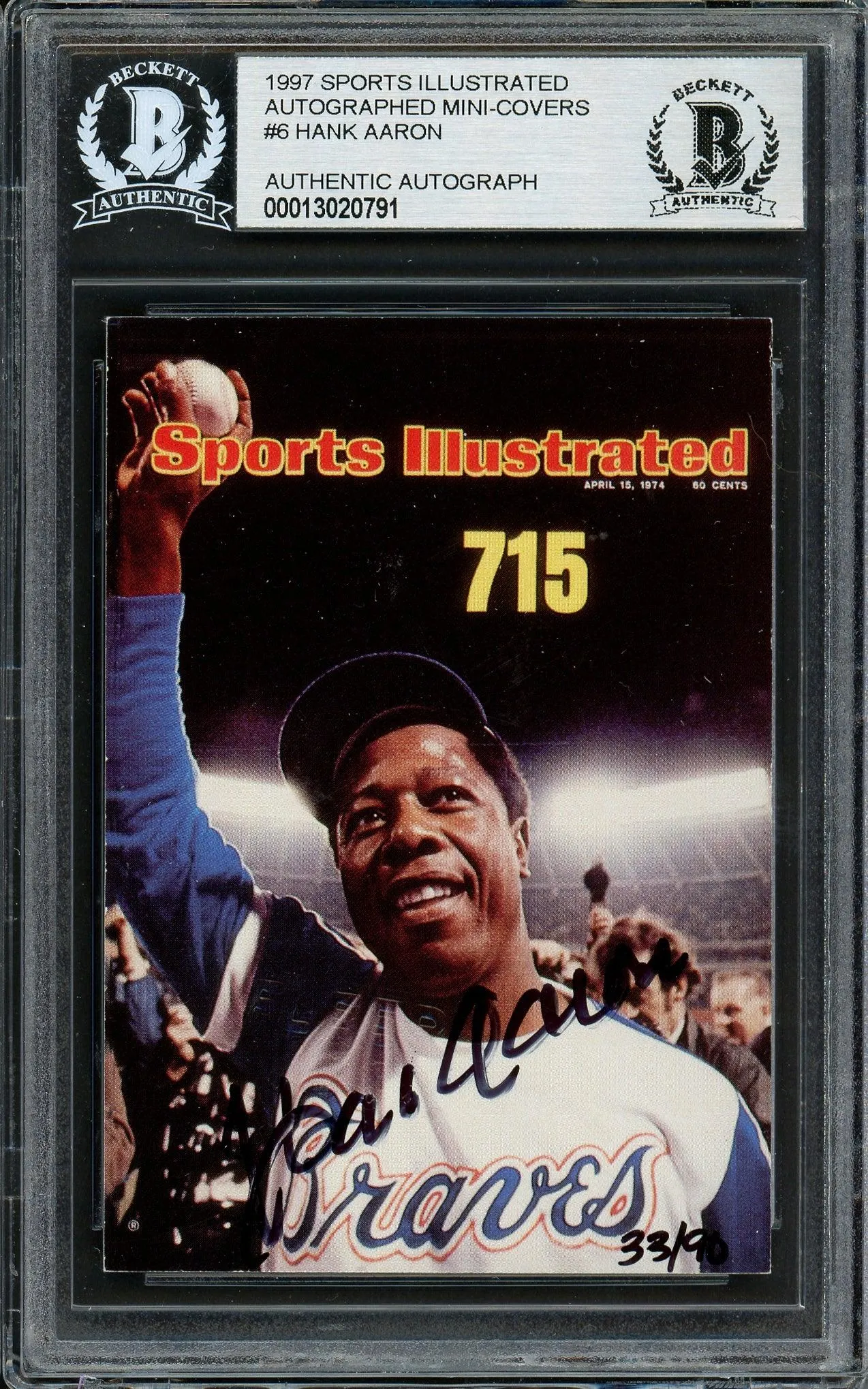 Hank Aaron Autographed 1997 Fleer Sports Illustrated Card #6 Atlanta Braves #33/90 Beckett BAS #13020791