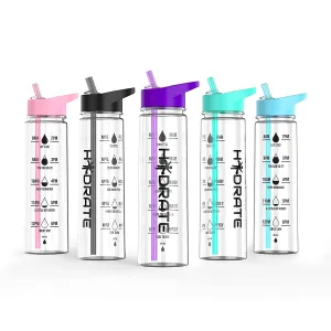 Hydrate Water Bottles Motivational Premium 900ml Water Bottles With Straw ? Daily Water Intake With Time Markings, Bpa-Free. Leak Proof Ideal For Hydration At Office, Gym. (Purple)