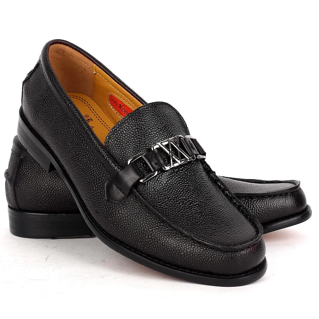 John Mendson Executive Black Croc Leather Loafers Shoe With Silver Logo Design