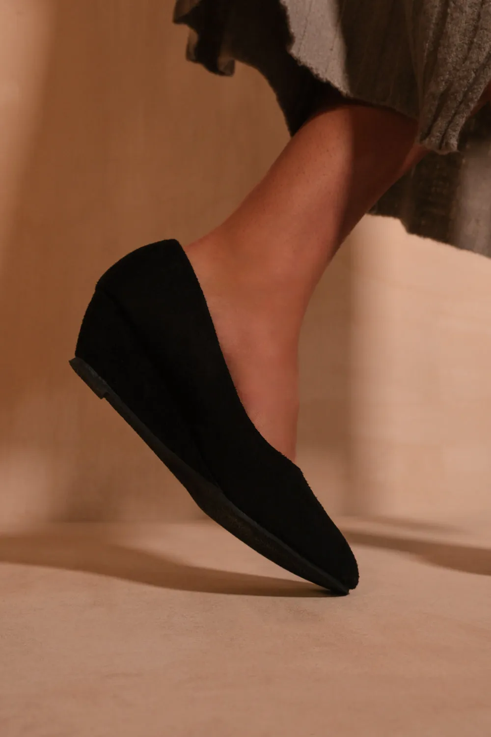 KIERAN PLATFORM LOW WEDGE MID HEEL COURT SHOES IN BLACK SUEDE