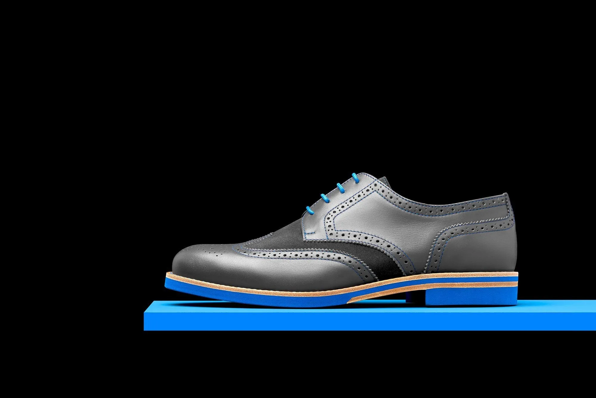 Mens Grey & Blue Leather Wingtip Dress Shoes