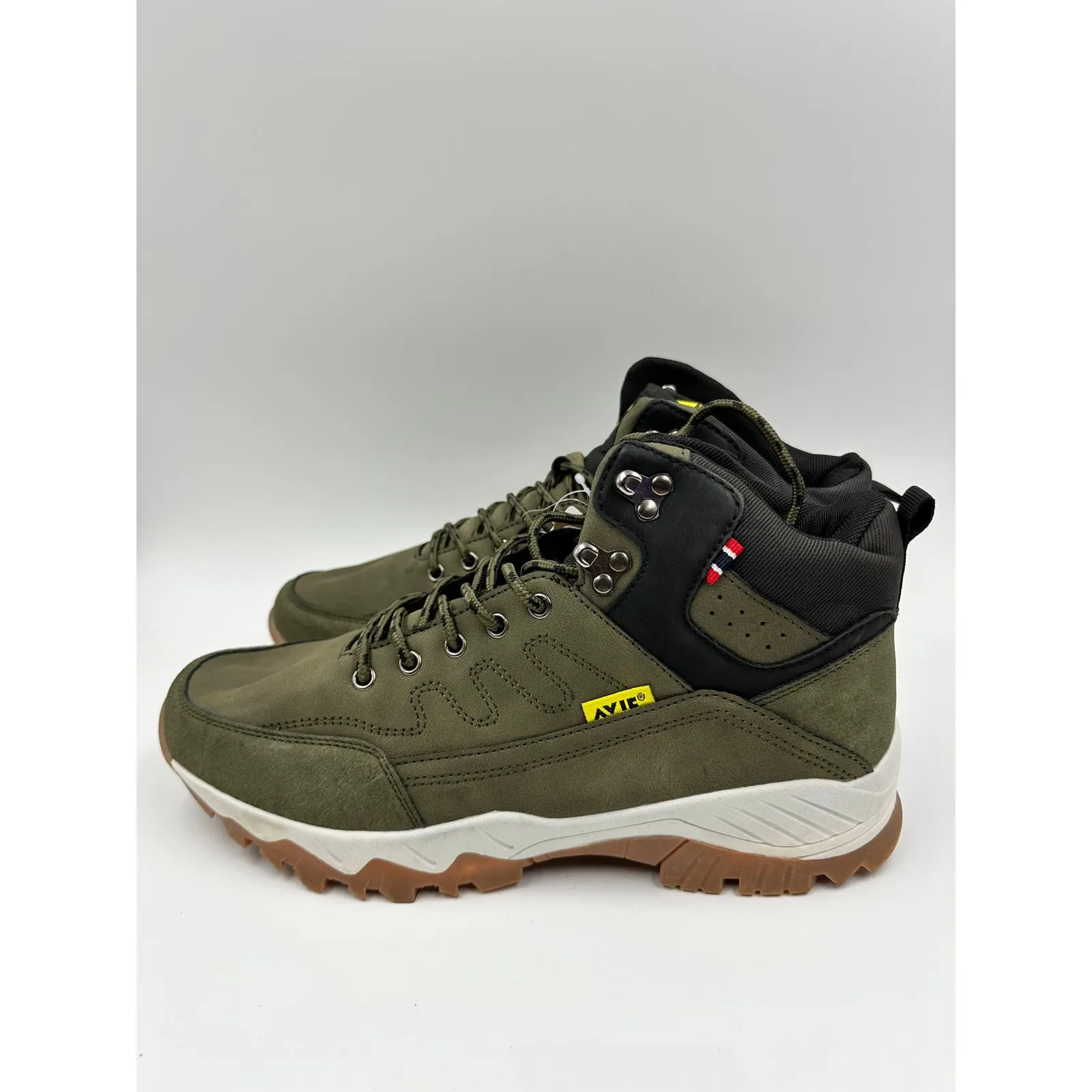 Men's Size 11, Dark Olive Green Low Top Hikers w/ Yellow Accent and Rugged Tread