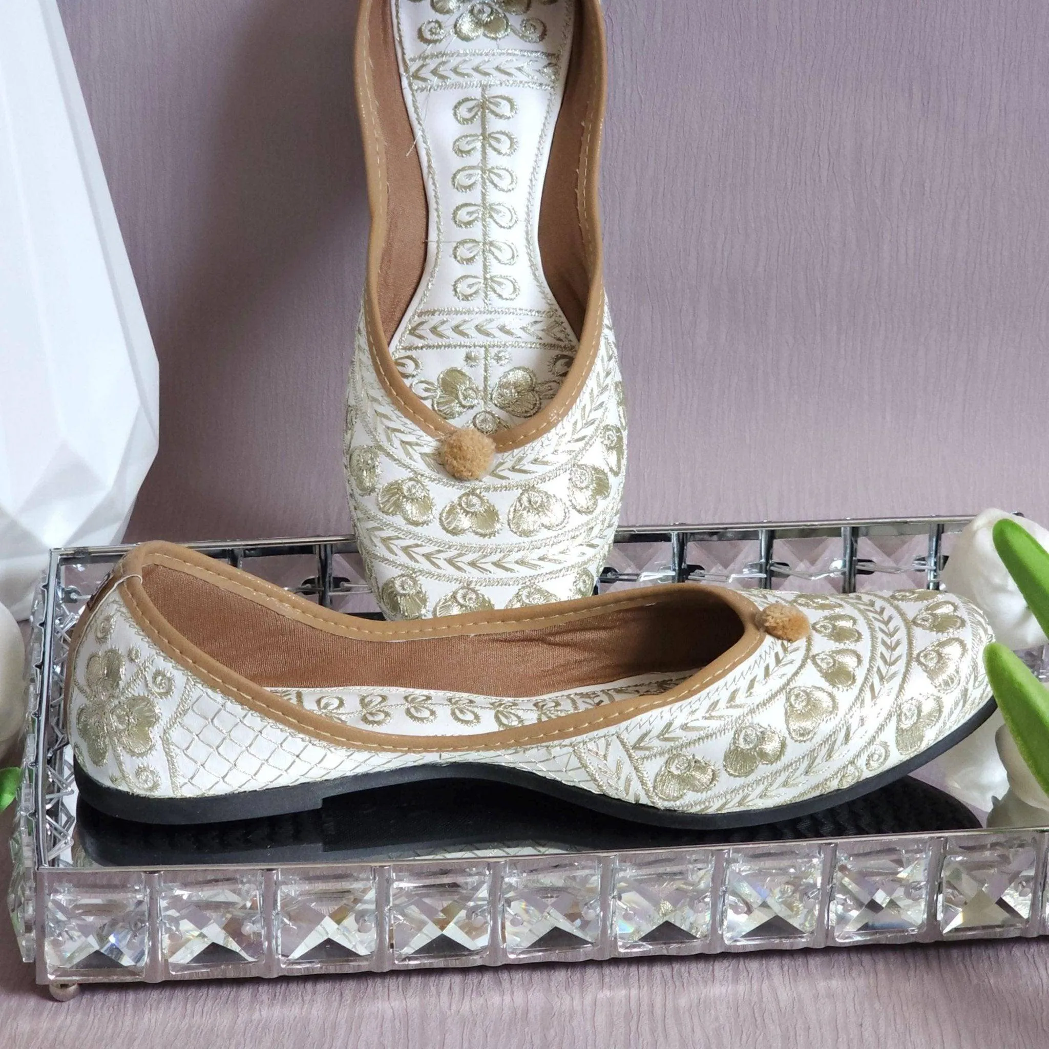 Mohini - White Gold work Ballerina Jutti Shoes