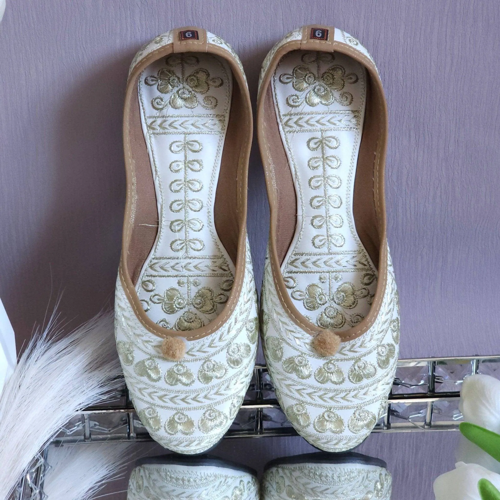 Mohini - White Gold work Ballerina Jutti Shoes