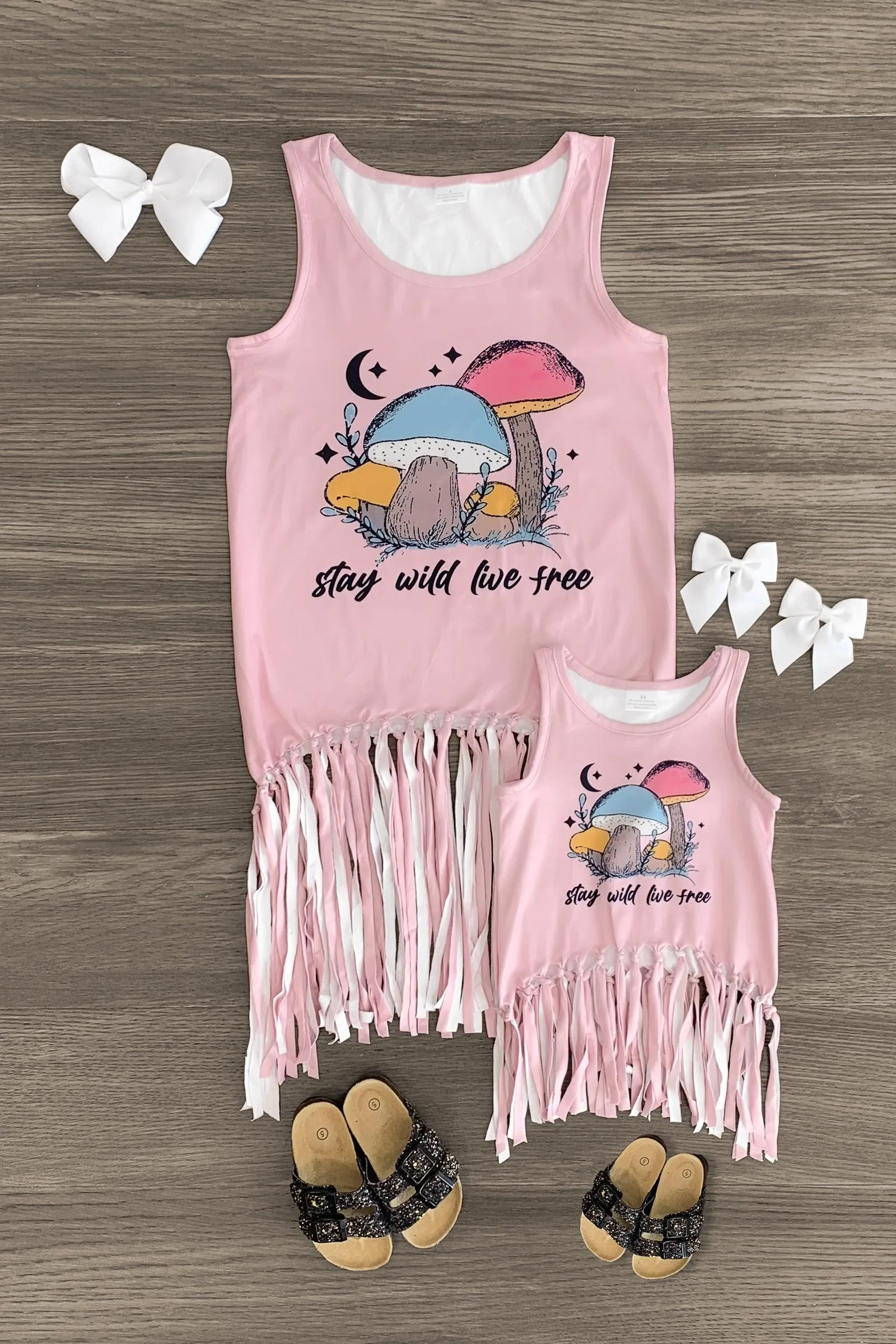 Mom & Me - "Stay Wild Live Free" Pink Fringe Top