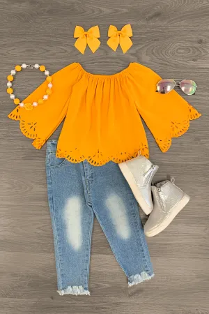 Mustard Scalloped Hem Denim Pant Set