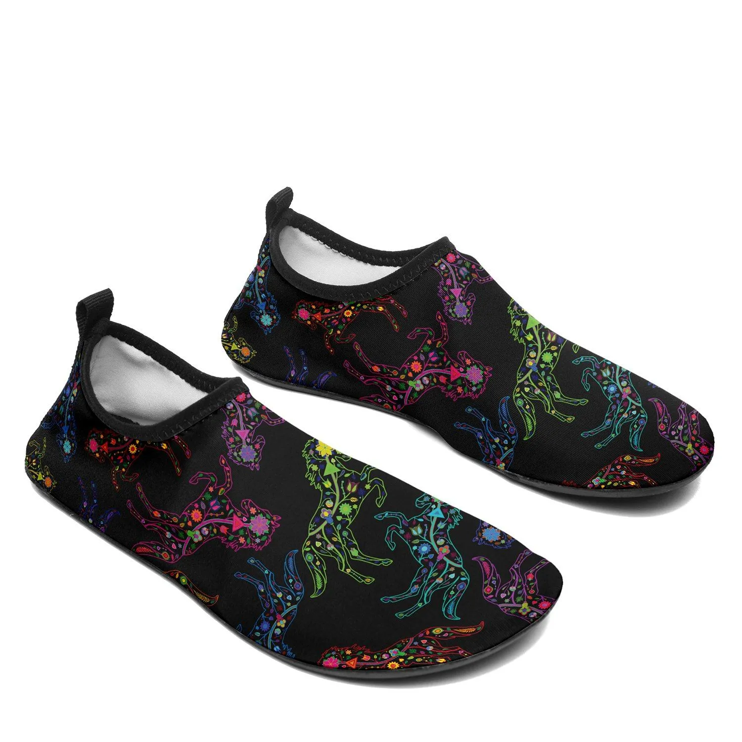 Neon Floral Horses Sockamoccs Kid's Sockamoccs Slip On Shoes