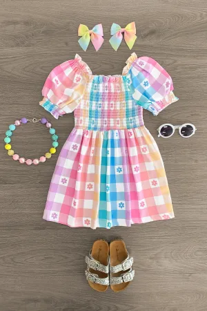 Pastel Rainbow Gingham Flower Dress