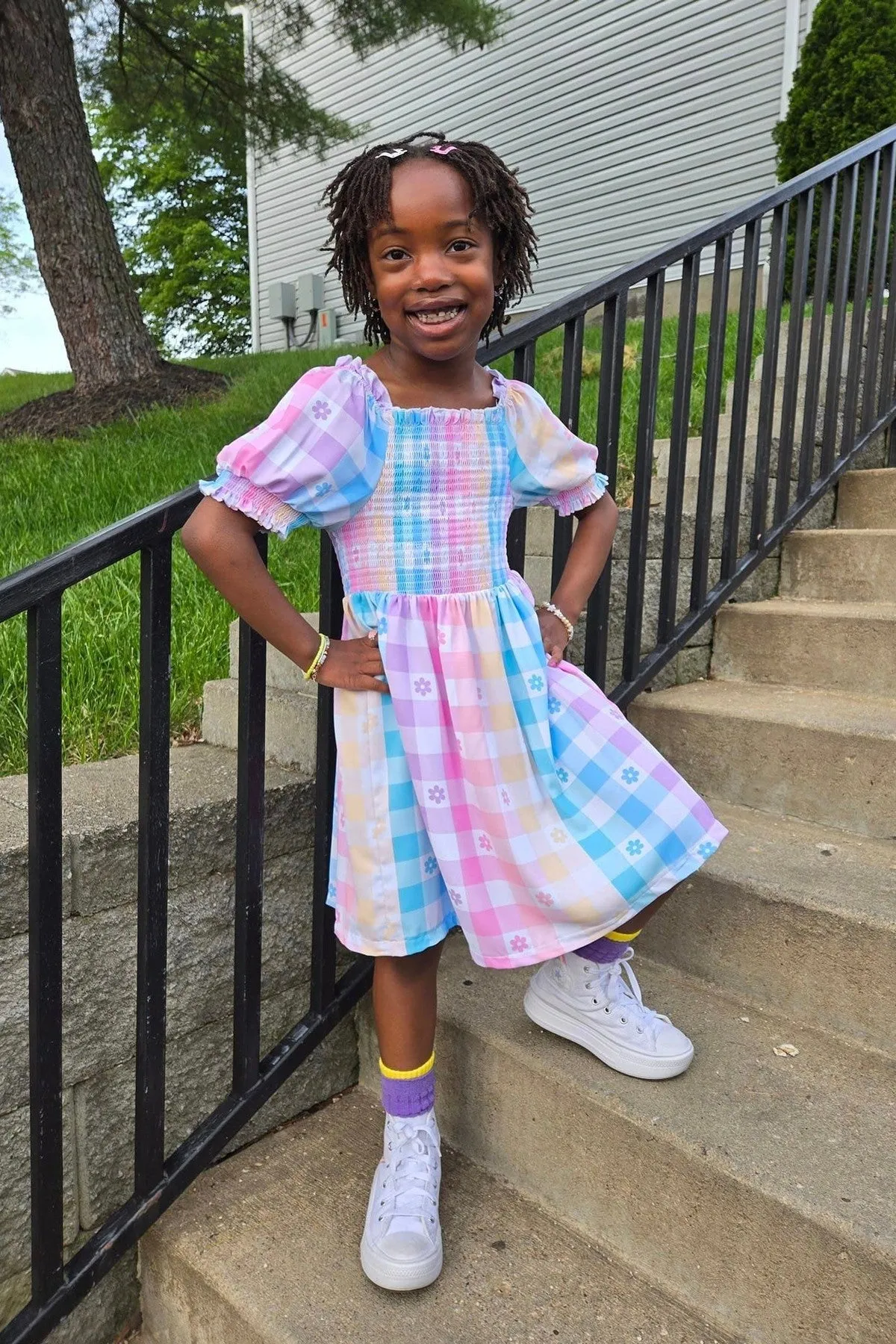 Pastel Rainbow Gingham Flower Dress