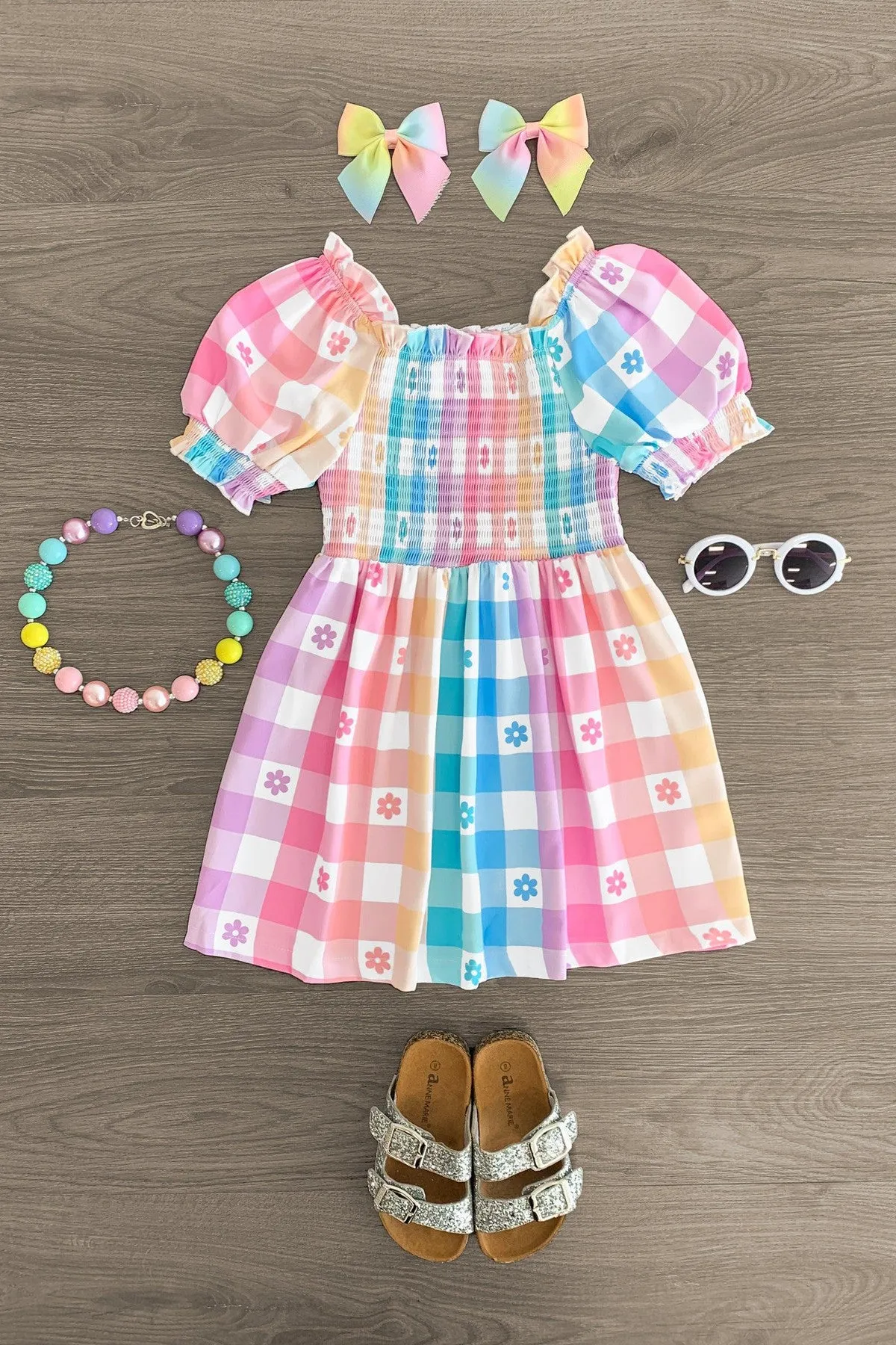 Pastel Rainbow Gingham Flower Dress