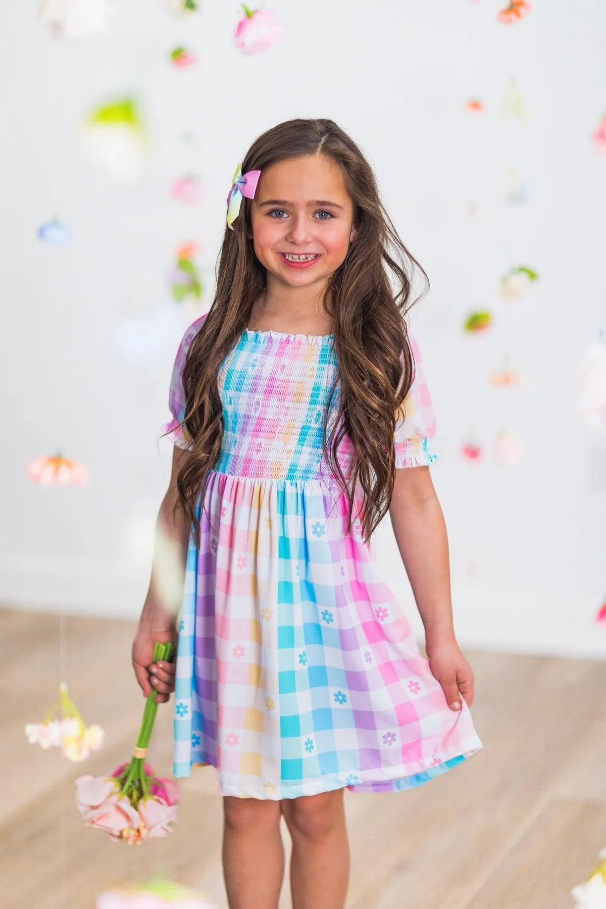 Pastel Rainbow Gingham Flower Dress