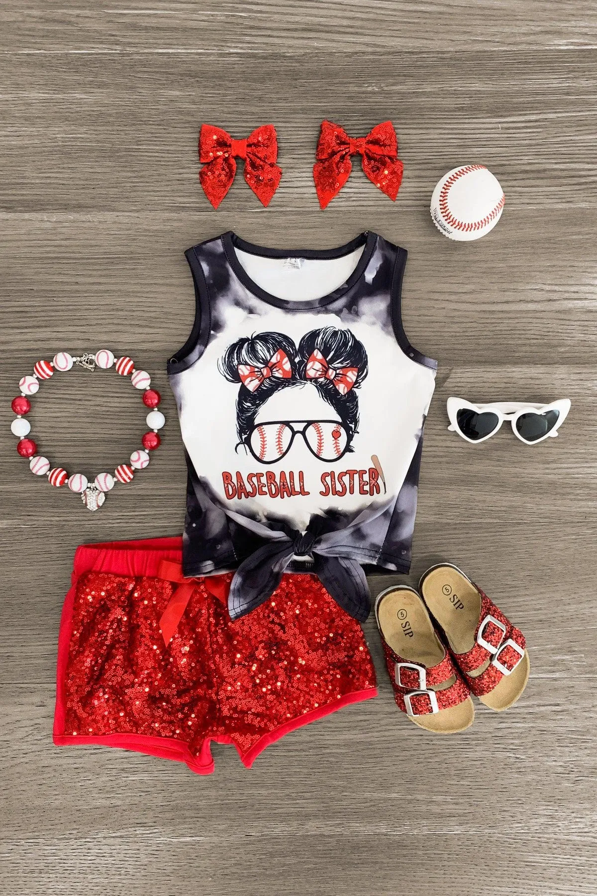 "Baseball Sister" Red Sequin Short Set