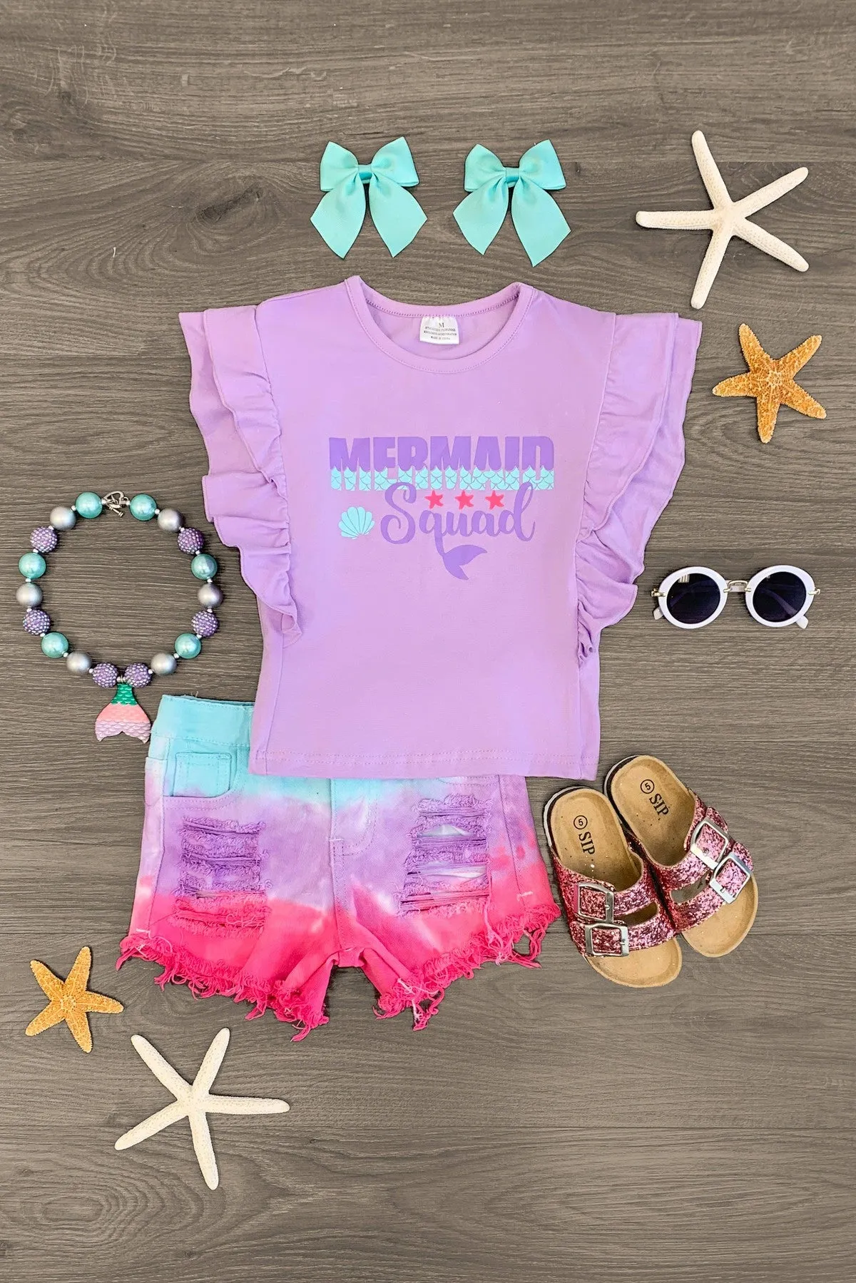 "Mermaid Squad" Purple Dip Dye Denim Short Set