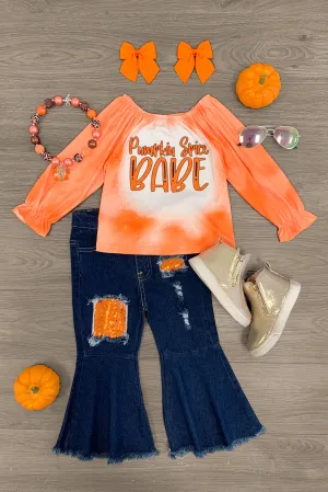 "Pumpkin Spice Babe" Distressed Denim Bell Bottom Set