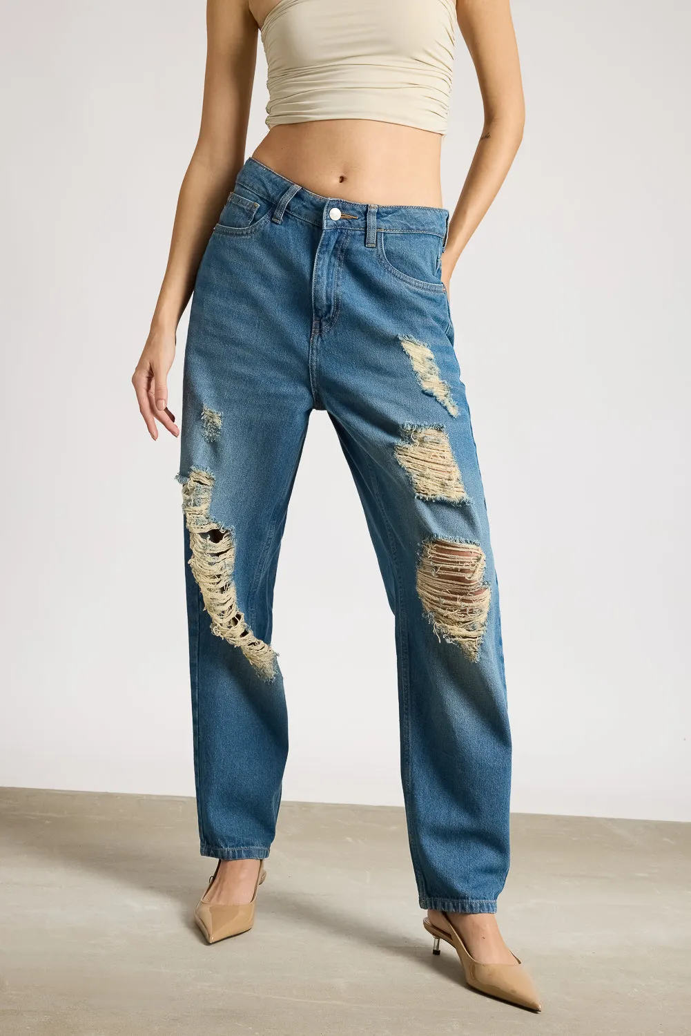 Relaxed Fit Rustic Ripped Denim