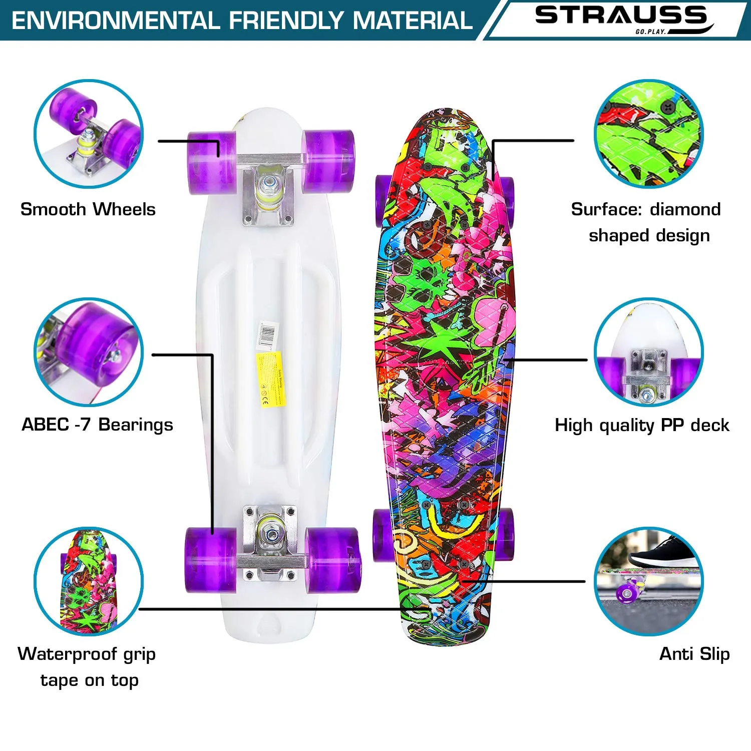 STRAUSS Cruiser PW Skateboard| Penny Skateboard | Casterboard | Hoverboard | Anti-Skid Board with ABEC-7 High Precision Bearings | PU Wheel with Light | Ideal for 8 Years and Above | 22 X 6 Inch