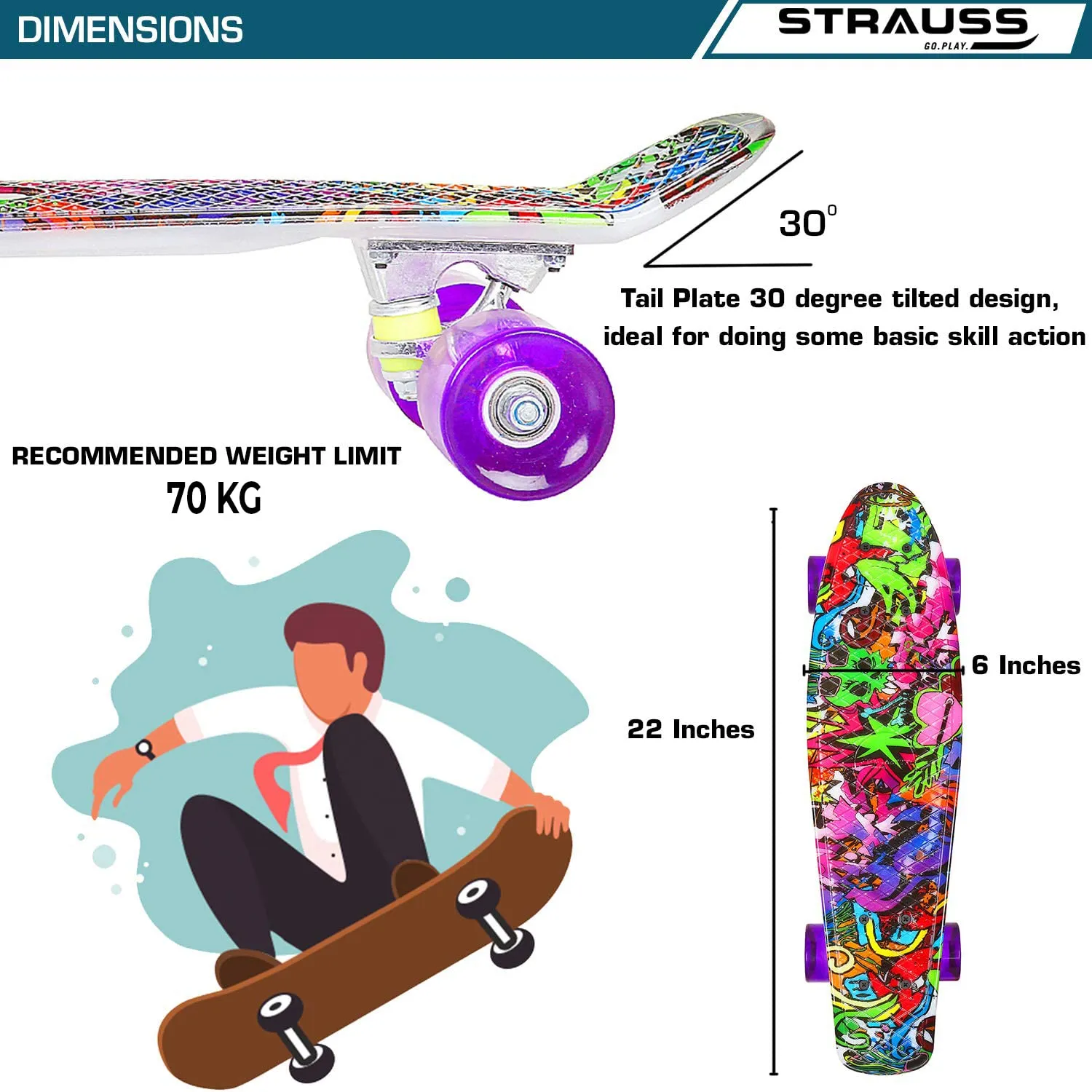 STRAUSS Cruiser PW Skateboard| Penny Skateboard | Casterboard | Hoverboard | Anti-Skid Board with ABEC-7 High Precision Bearings | PU Wheel with Light | Ideal for 8 Years and Above | 22 X 6 Inch