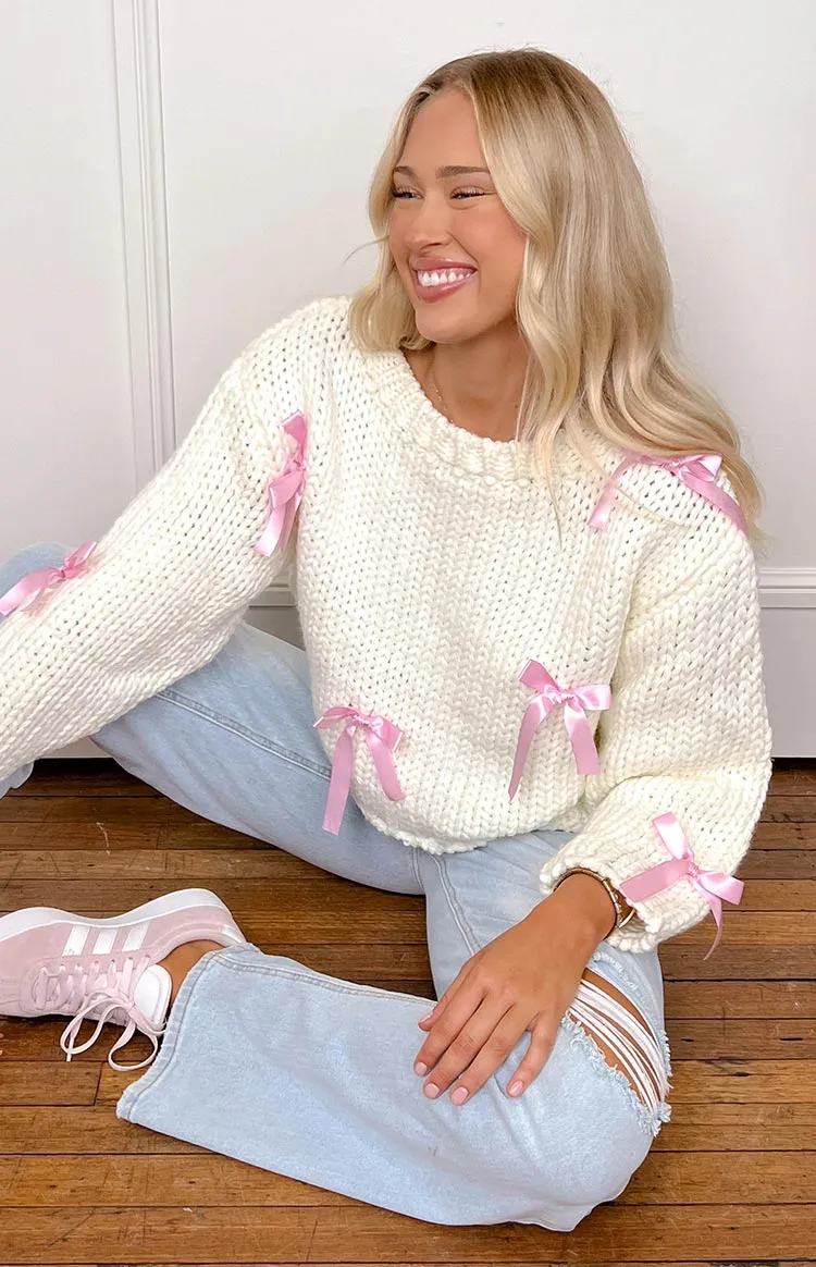 Sweetheart Stitch Bow White Sweater