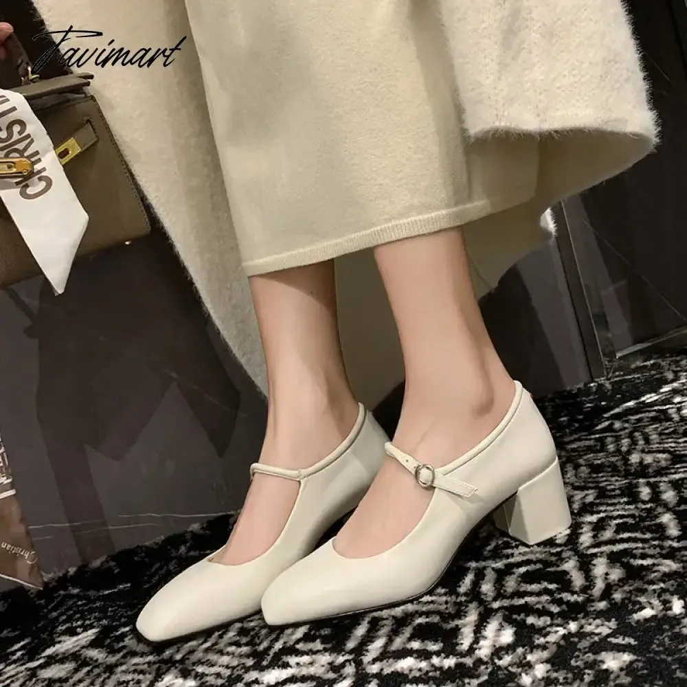 Tavimart Fashion Pumps New High Quality Genuine Leather Vintage Mary Jane Shoes Square Toe High Heels Flat Shoes Lightweight Shoes