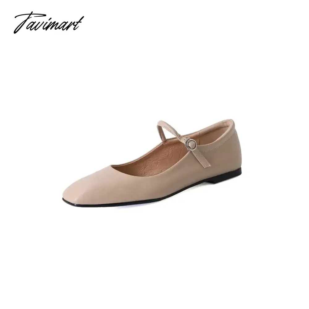 Tavimart Fashion Pumps New High Quality Genuine Leather Vintage Mary Jane Shoes Square Toe High Heels Flat Shoes Lightweight Shoes