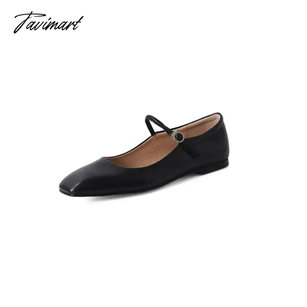 Tavimart Fashion Pumps New High Quality Genuine Leather Vintage Mary Jane Shoes Square Toe High Heels Flat Shoes Lightweight Shoes