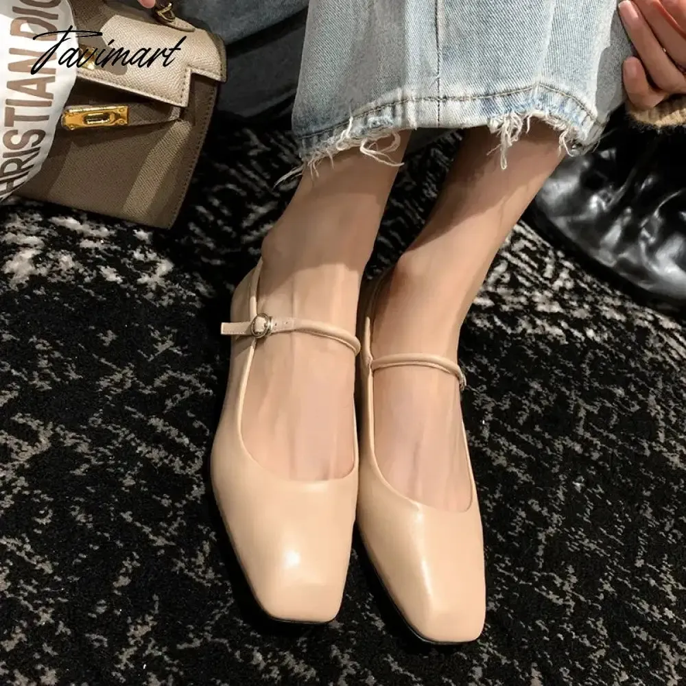 Tavimart Fashion Pumps New High Quality Genuine Leather Vintage Mary Jane Shoes Square Toe High Heels Flat Shoes Lightweight Shoes