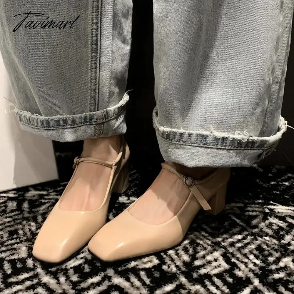 Tavimart Fashion Pumps New High Quality Genuine Leather Vintage Mary Jane Shoes Square Toe High Heels Flat Shoes Lightweight Shoes