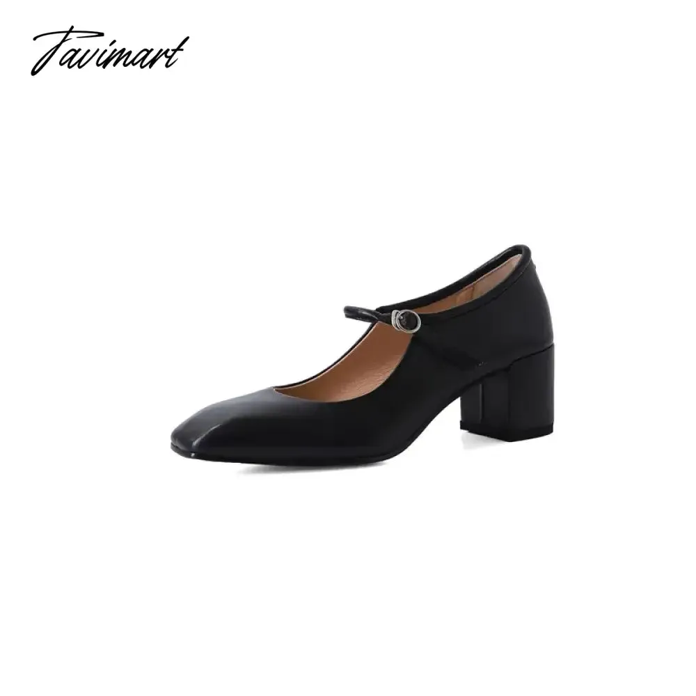 Tavimart Fashion Pumps New High Quality Genuine Leather Vintage Mary Jane Shoes Square Toe High Heels Flat Shoes Lightweight Shoes