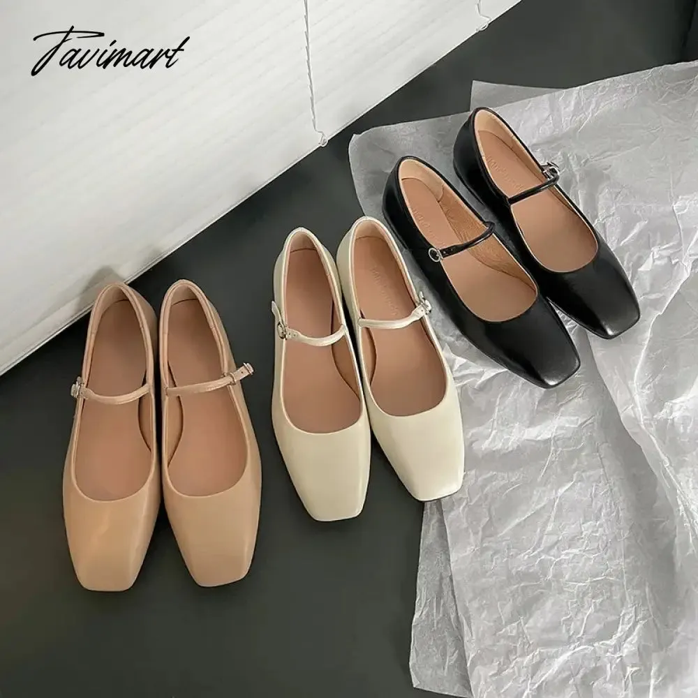 Tavimart Fashion Pumps New High Quality Genuine Leather Vintage Mary Jane Shoes Square Toe High Heels Flat Shoes Lightweight Shoes