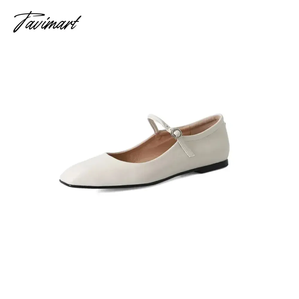 Tavimart Fashion Pumps New High Quality Genuine Leather Vintage Mary Jane Shoes Square Toe High Heels Flat Shoes Lightweight Shoes